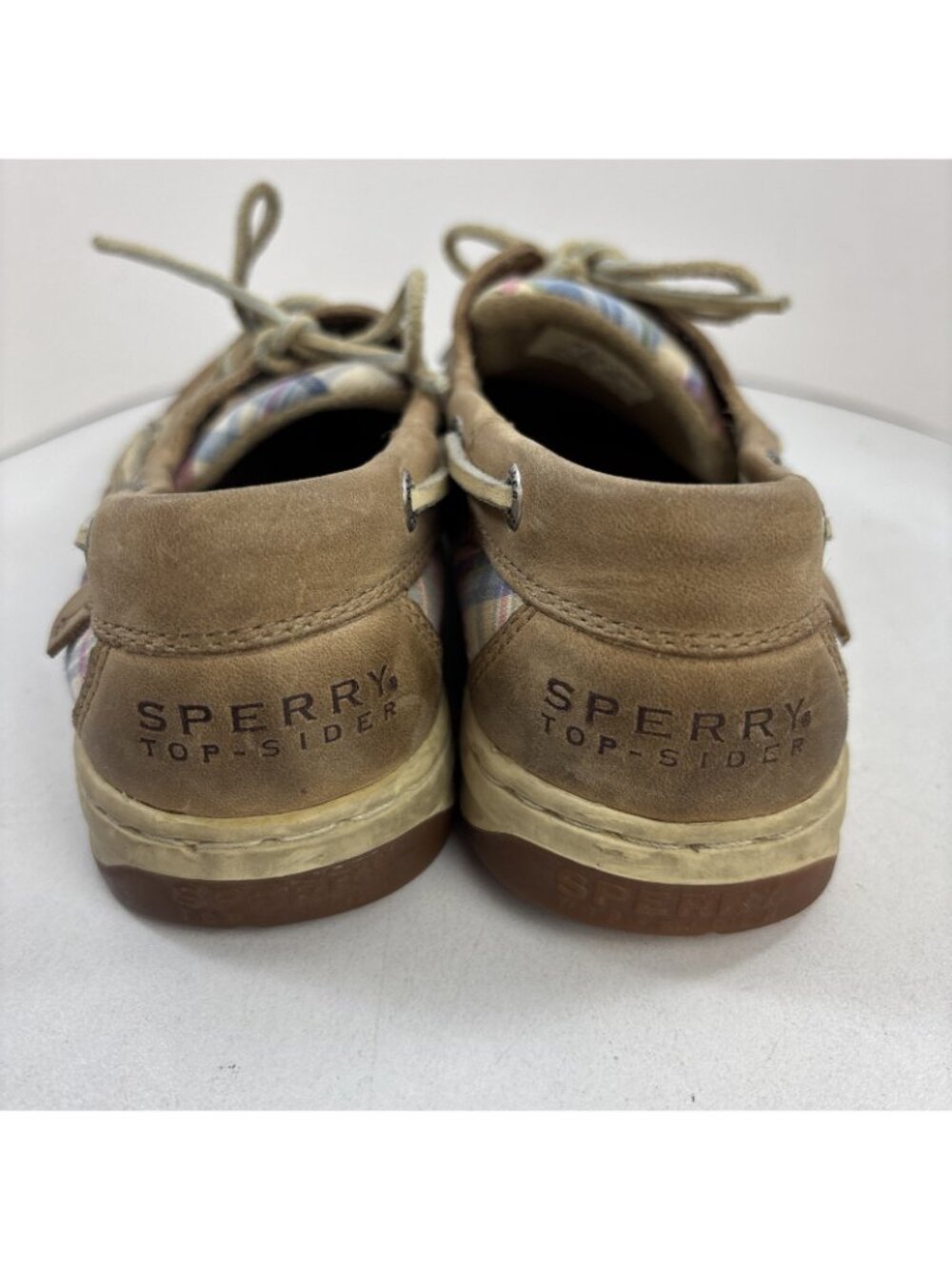 Sperry Top-sider Beige Leather Pastel Plaid Boat Shoes Size 7 - Picture 7 of 11
